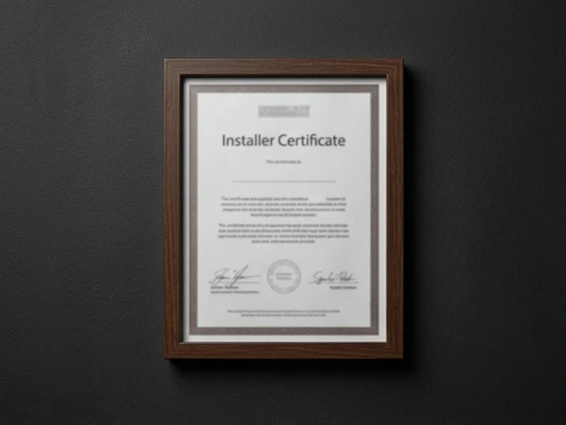 A framed installer certificate on the studio wall