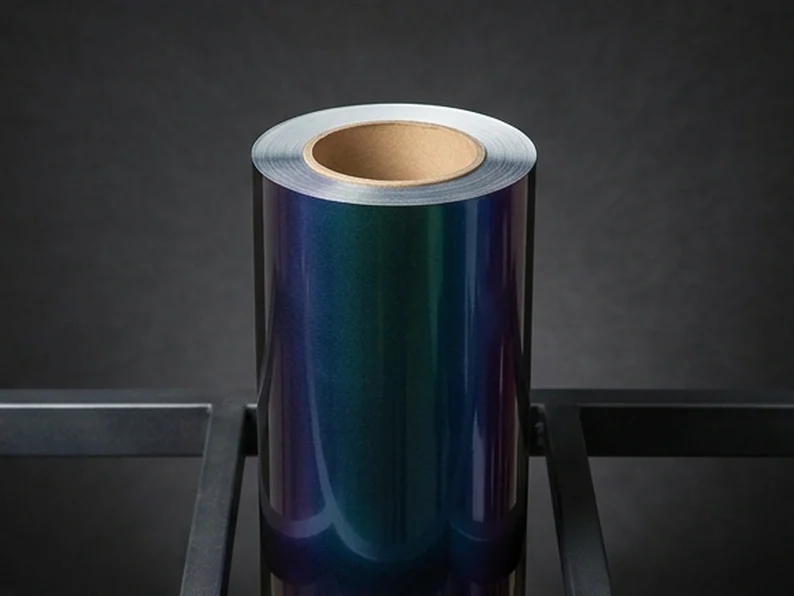 A roll of colour-change wrap film on the rack