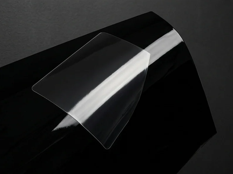 Clear paint protection film on a gloss black test panel