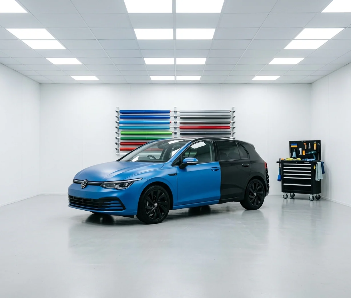 The clean wrap bay: bright panel lights, a pale epoxy floor and a car half-wrapped in satin blue