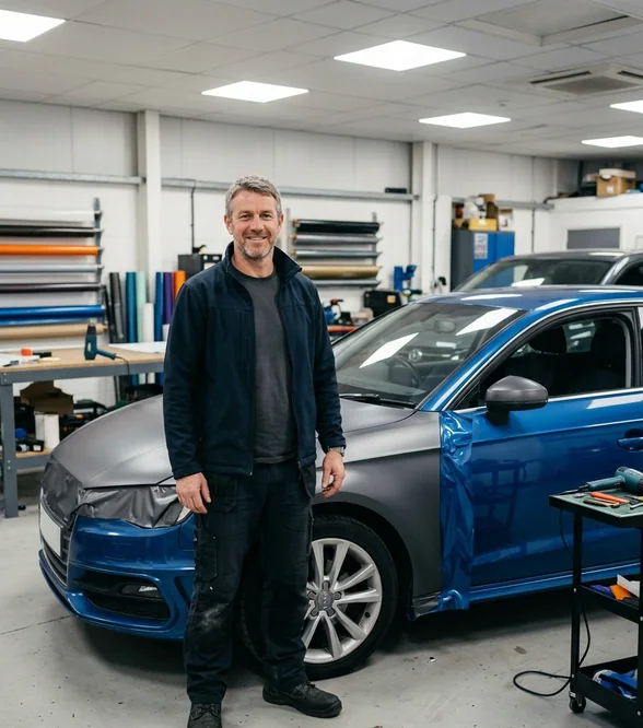 Graham Firth in the studio beside a part-wrapped Audi