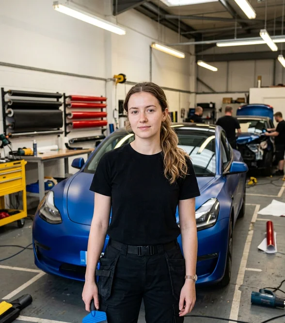 Jess Holroyd with a squeegee beside a satin blue Model 3