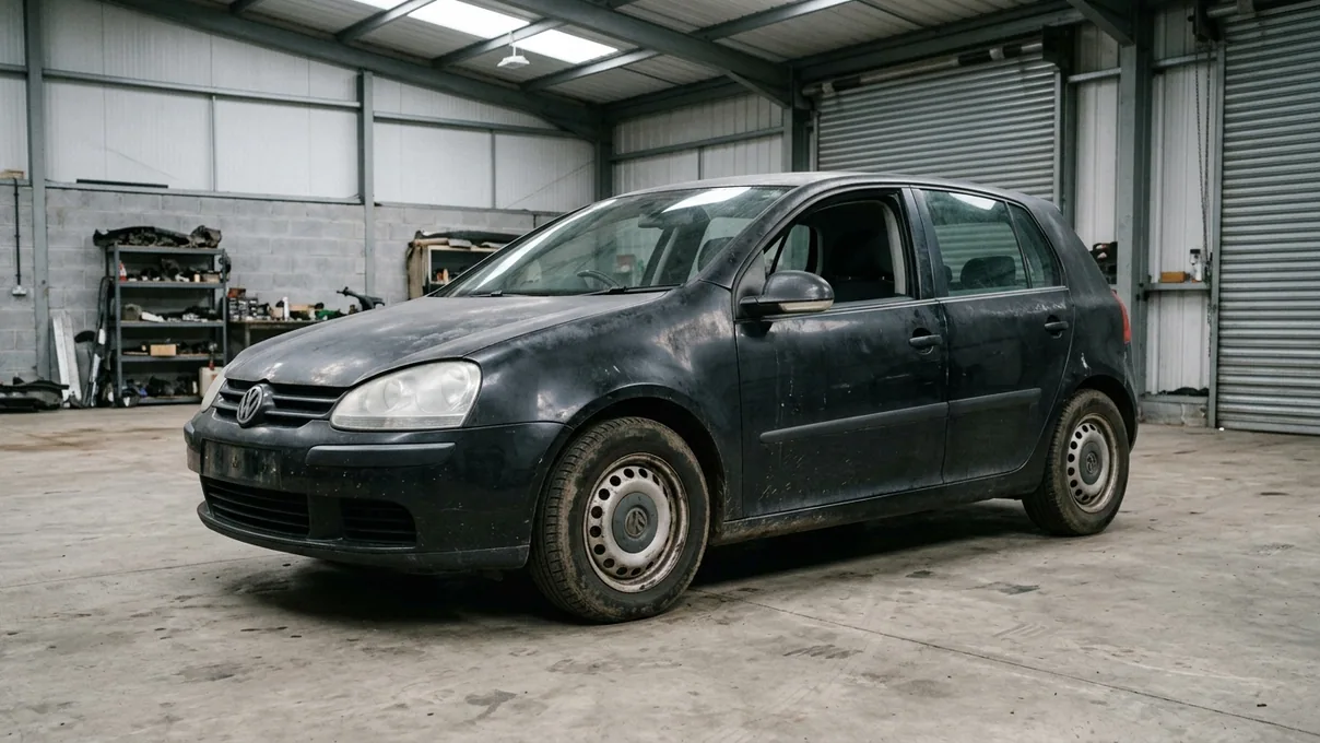 A tired black Volkswagen Golf before its colour change